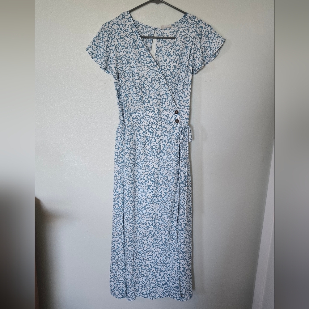 Sienna Sky | Teal Floral Faux Wrap Dress Size XS